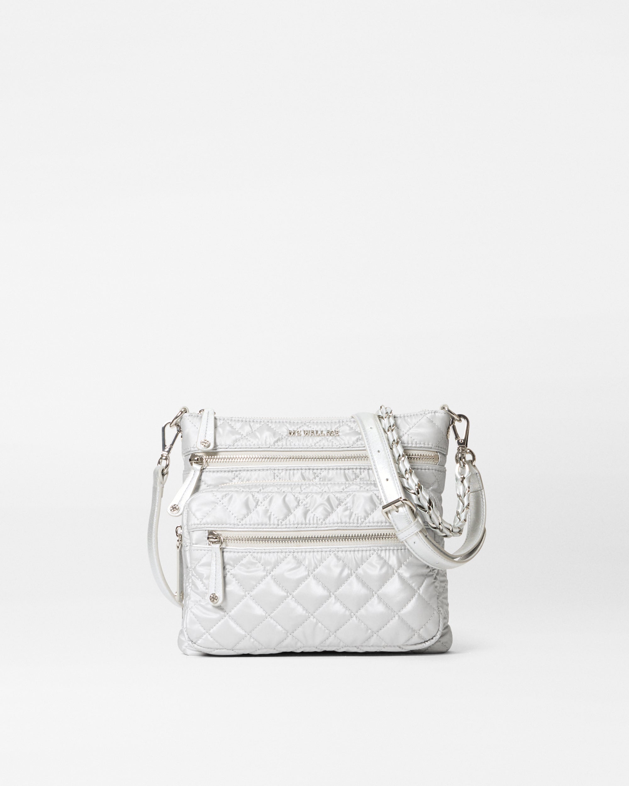 MZ Wallace Oyster Metallic Silver Downtown Crosby Crossbody Bag