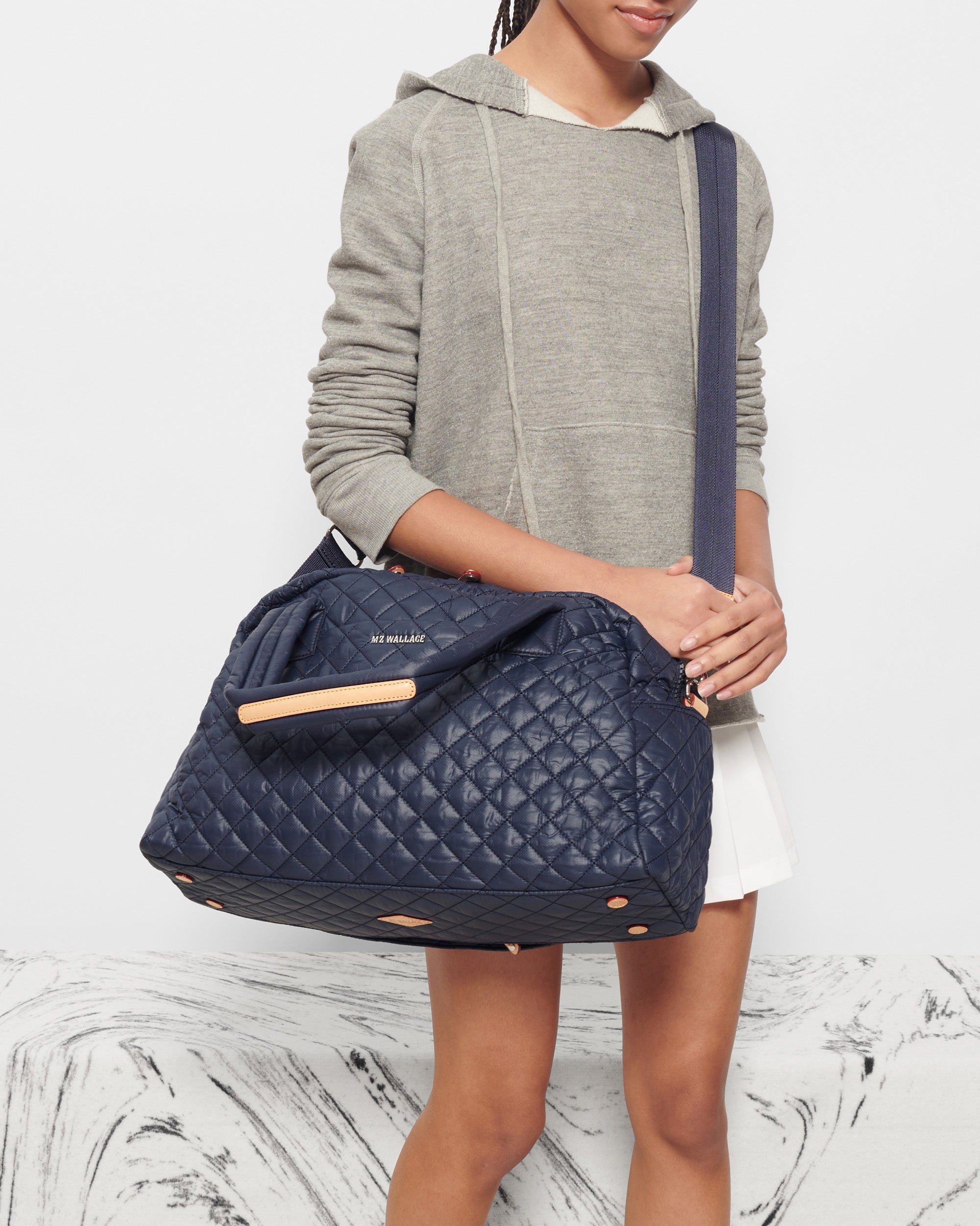 MZ Wallace Navy Blue Carry-On Travel Purse crossbody wear
