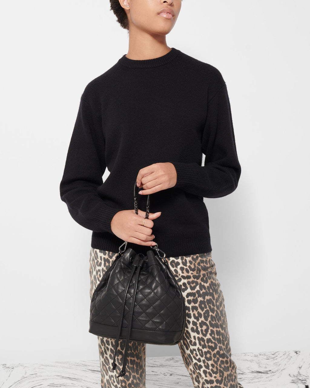 Black Quilted Leather Small Drawstring Bucket Bag - MZ WALLACE