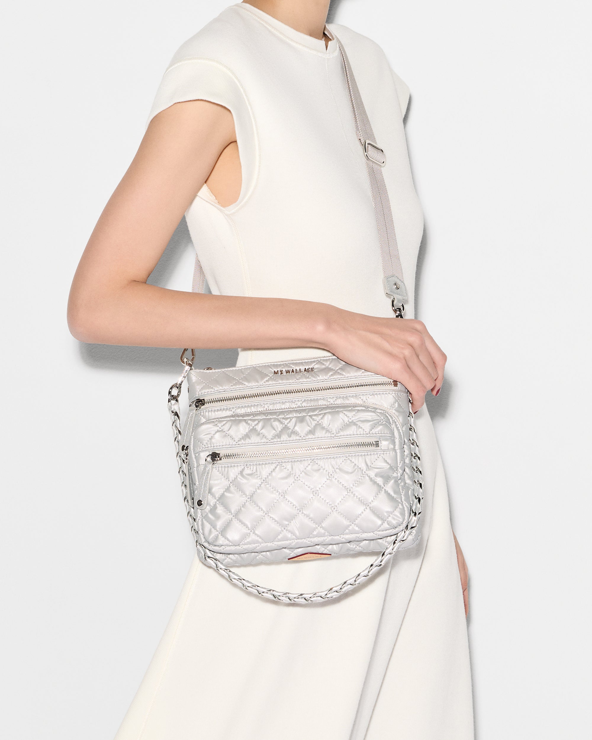 MZ Wallace Oyster Metallic Silver Downtown Crosby Crossbody Bag