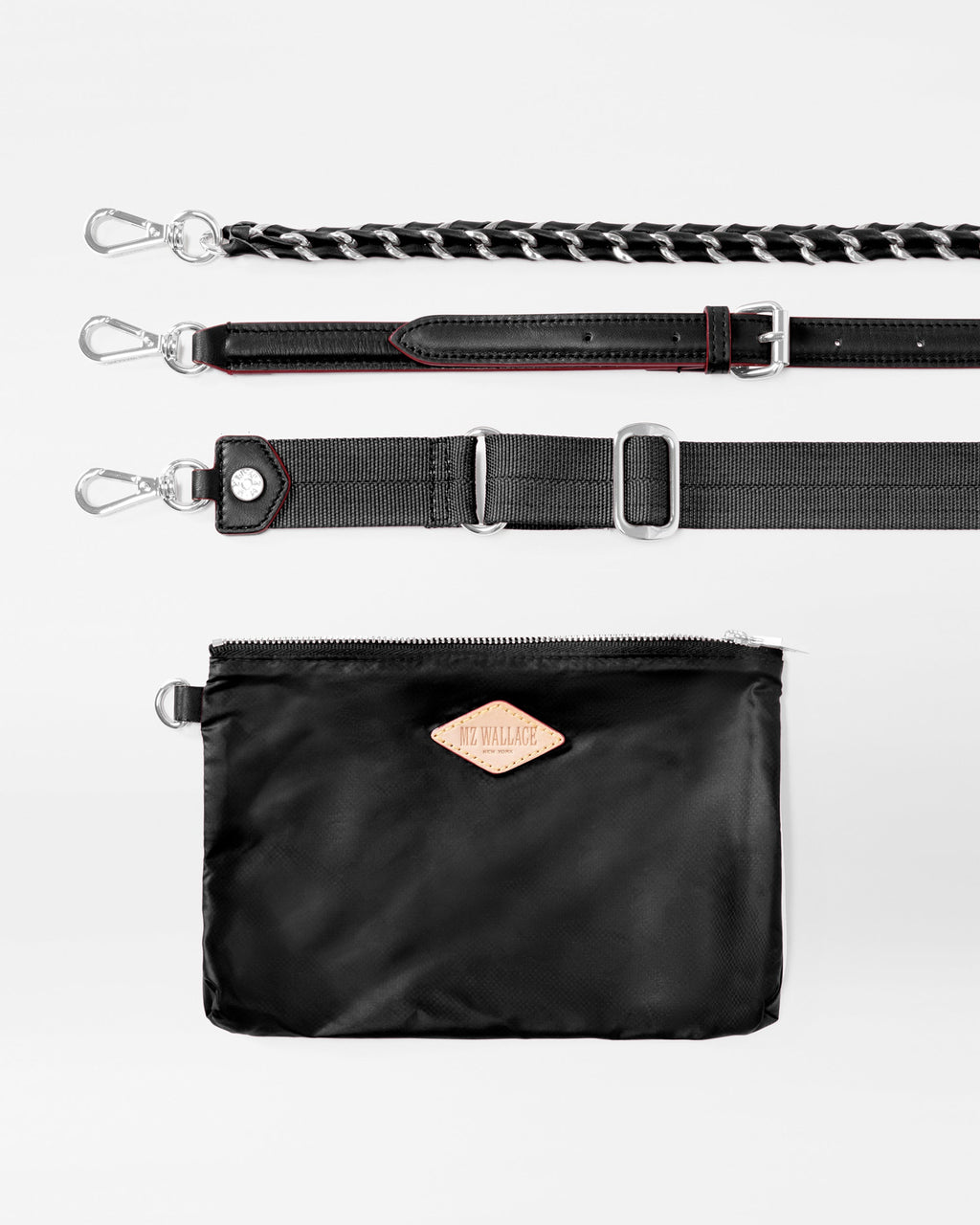 Accessories included with MZ Wallace Double Zip Crossbody Bag