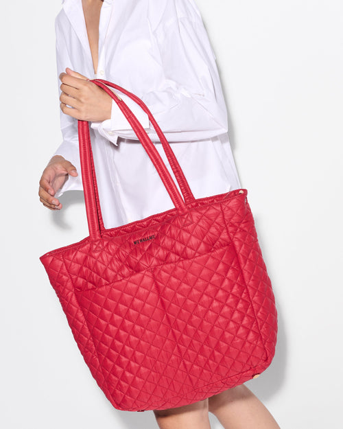 Model Holding Large Red Shoulder Tote Bag