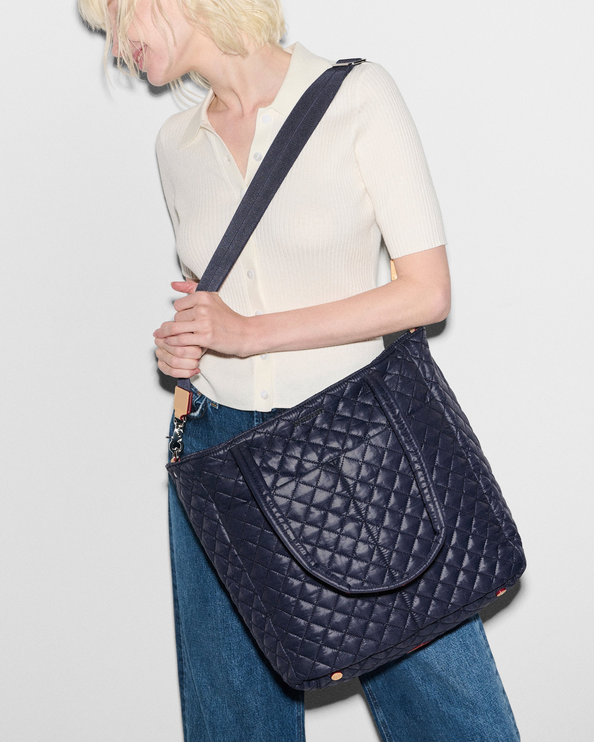 Model Wearing Navy Large Quilted Tote Bag