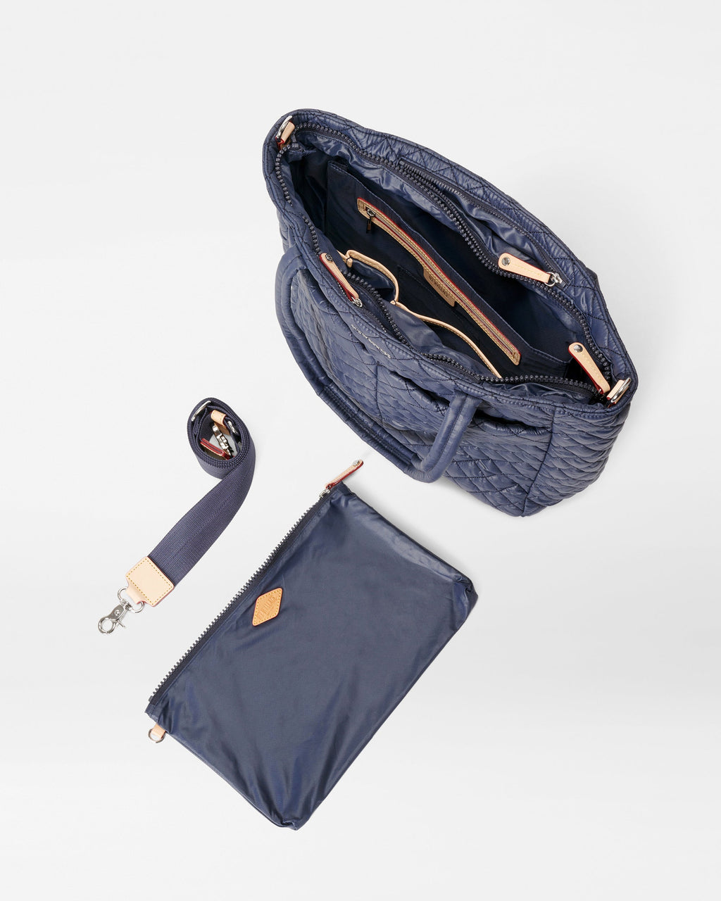 Navy Large Quilted Tote Bag Opened with Matching Attachable Strap and Large Zip Pouch