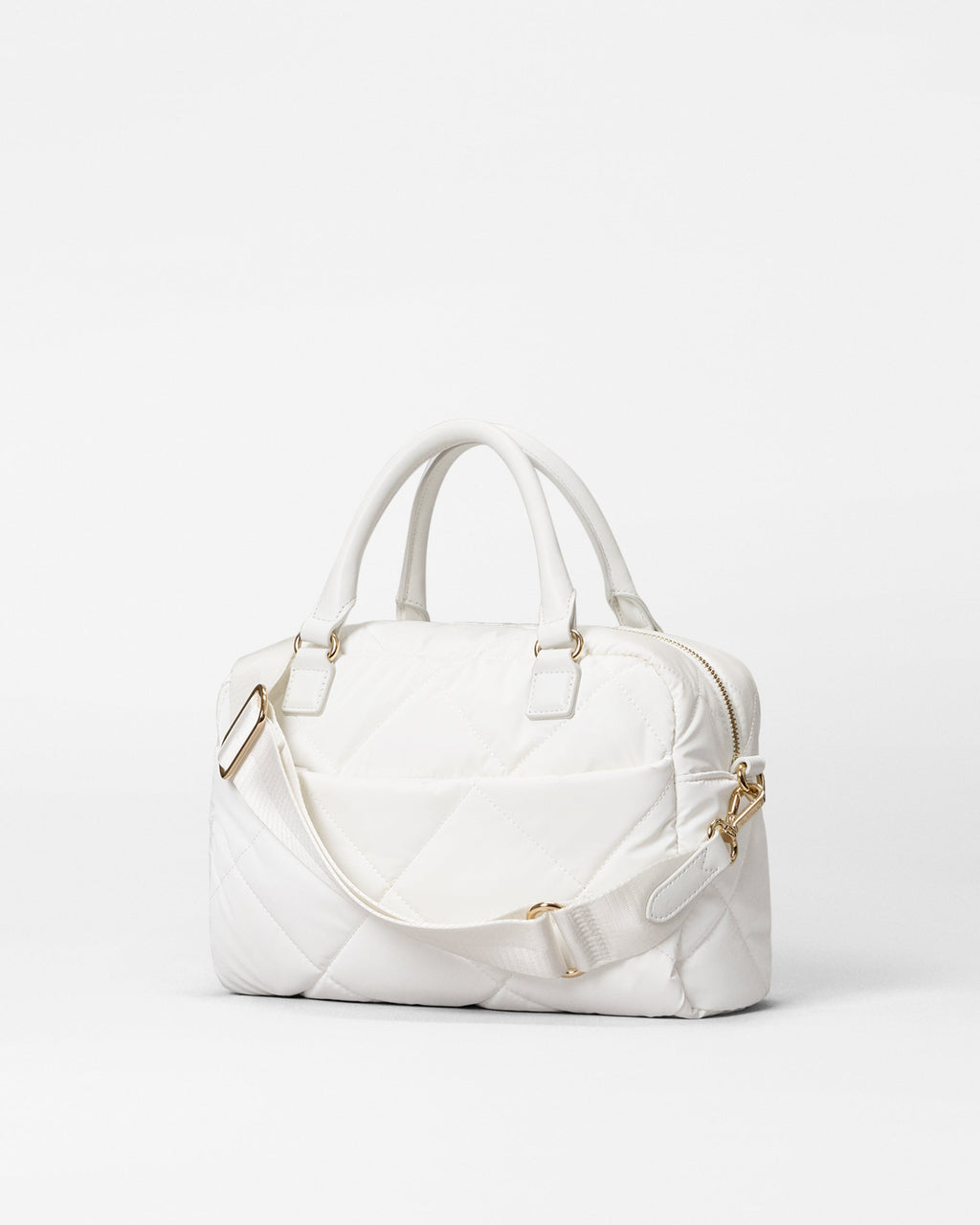Back view of MZ Wallace White Designer Handbag with crossbody strap