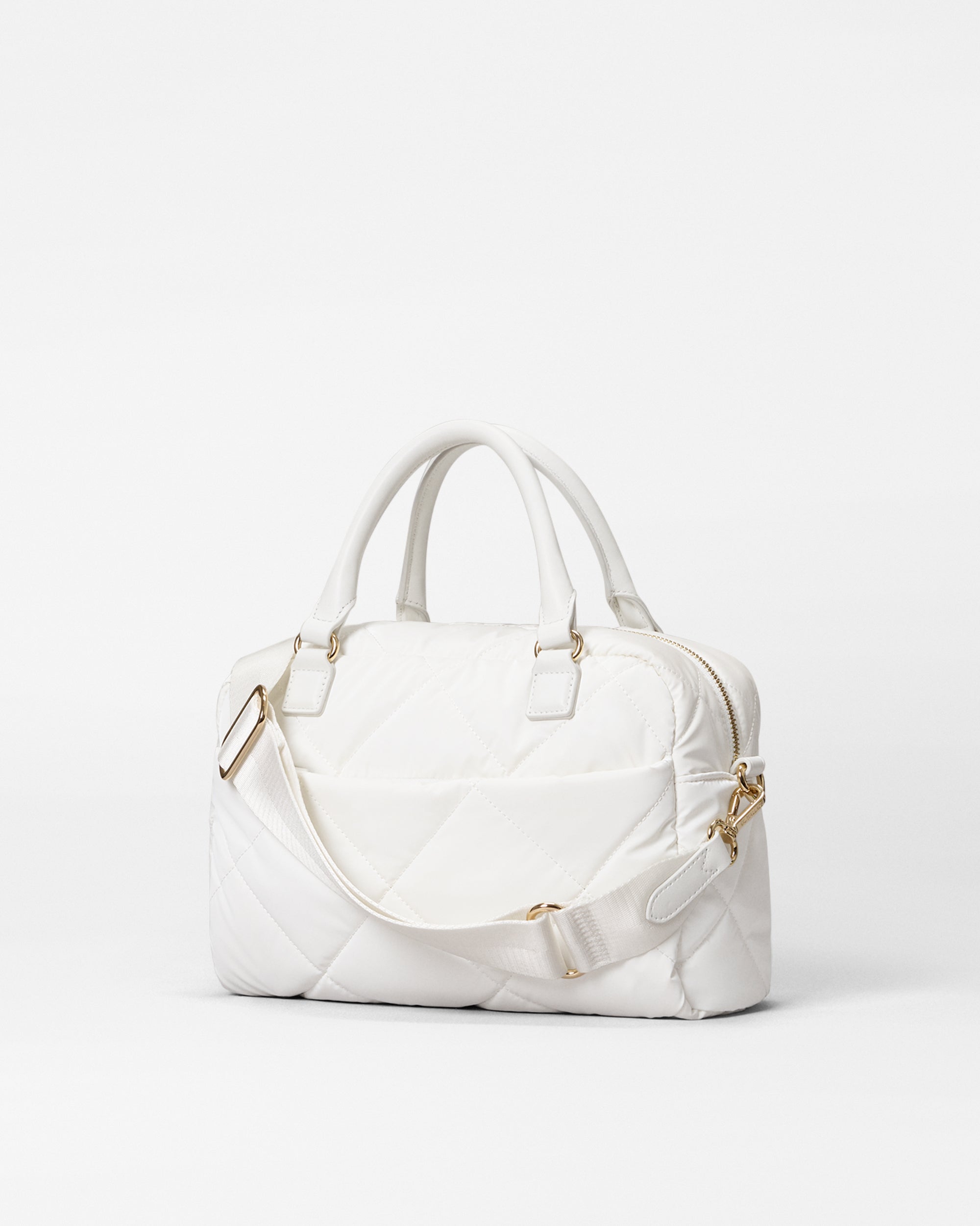 Back view of MZ Wallace White Designer Handbag with crossbody strap