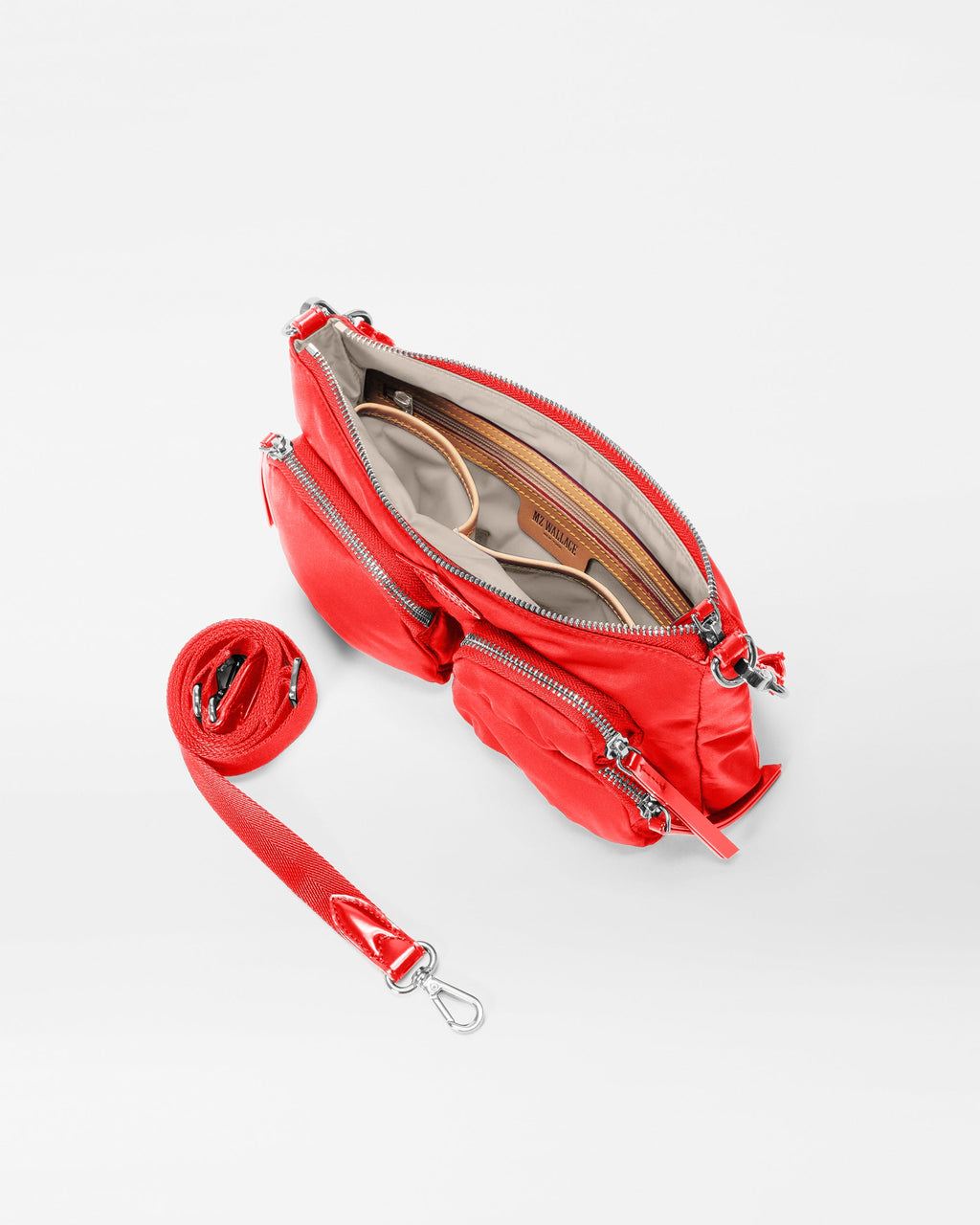 Inside view of MZ Wallace Cherry Red Shoulder Bag with detachable strap