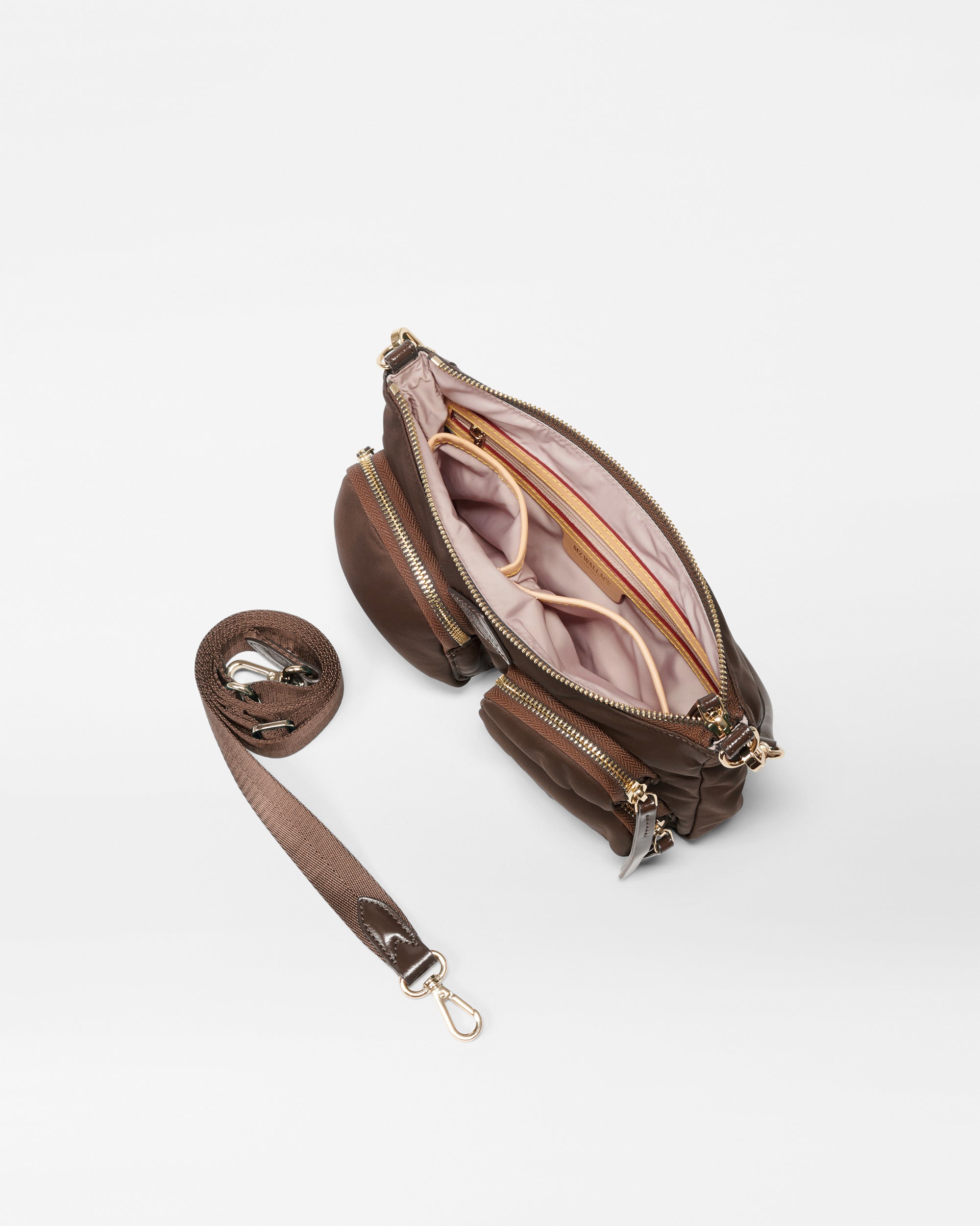 Open view of MZ Wallace Small Brown Shoulder Bag with detachable strap 
