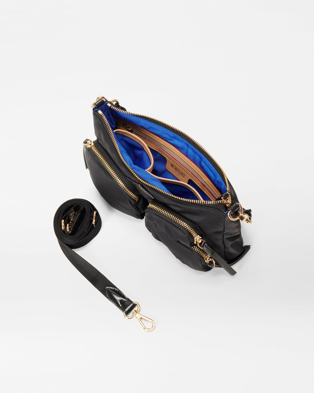 Interior view of MZ Wallace Small Black Shoulder Bag with strap