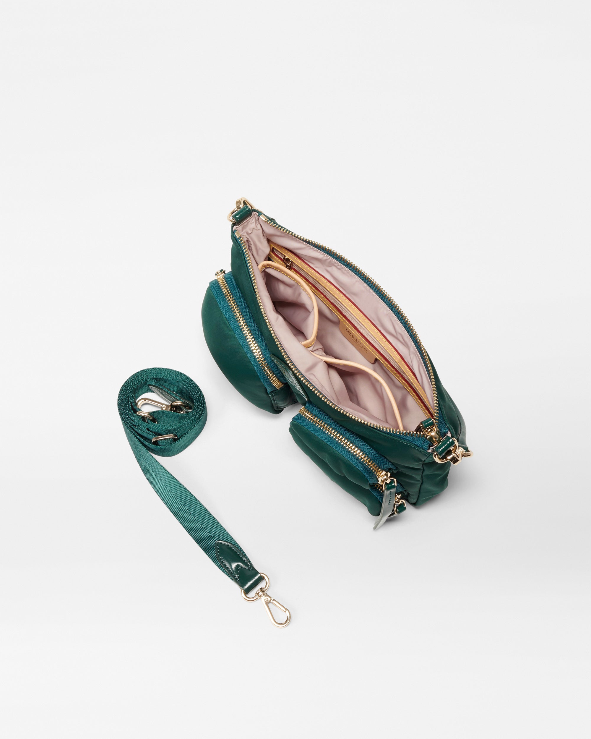 Inside view of MZ Wallace Green Shoulder Purse with strap