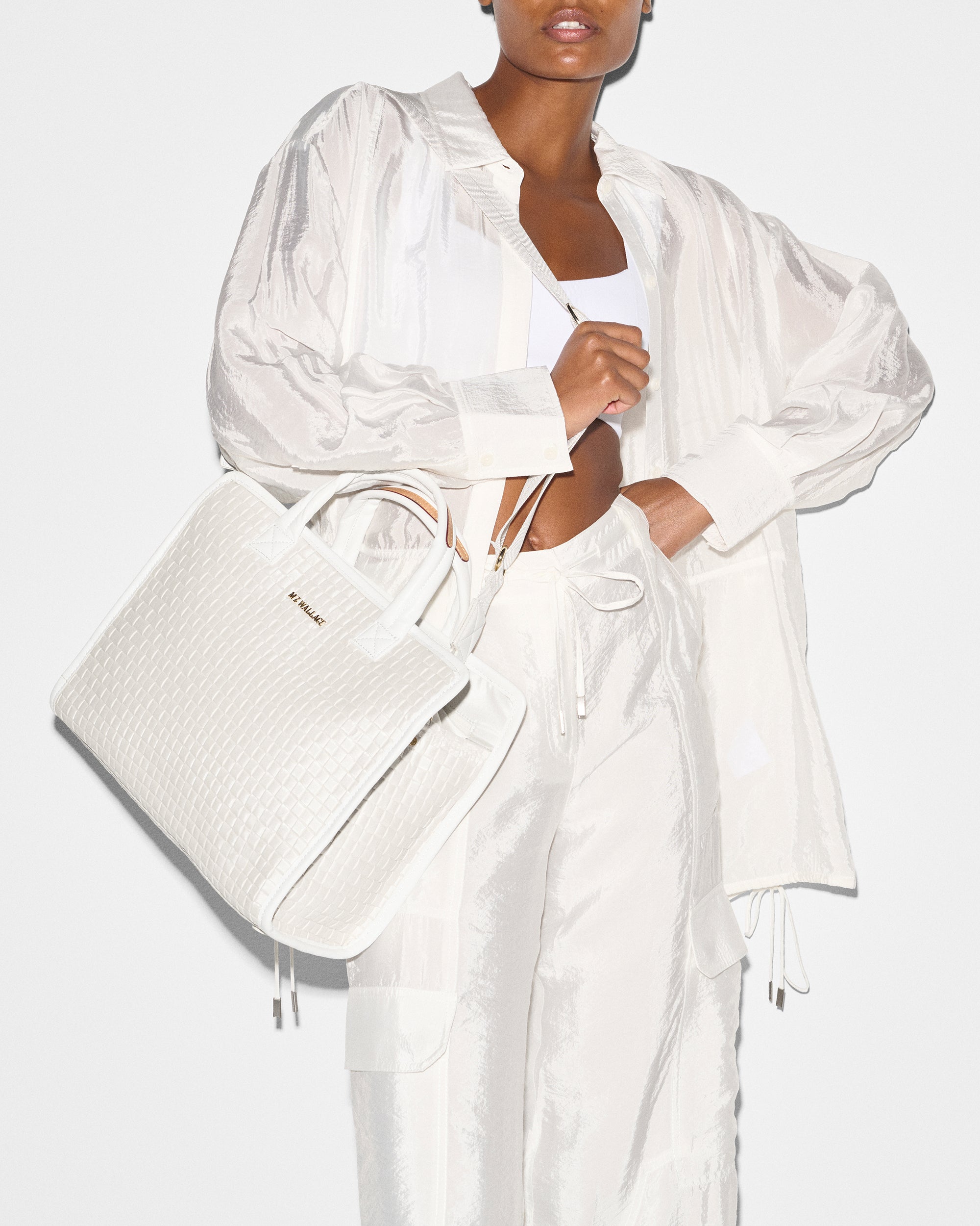 Pearl White Metallic Medium Woven Box Tote