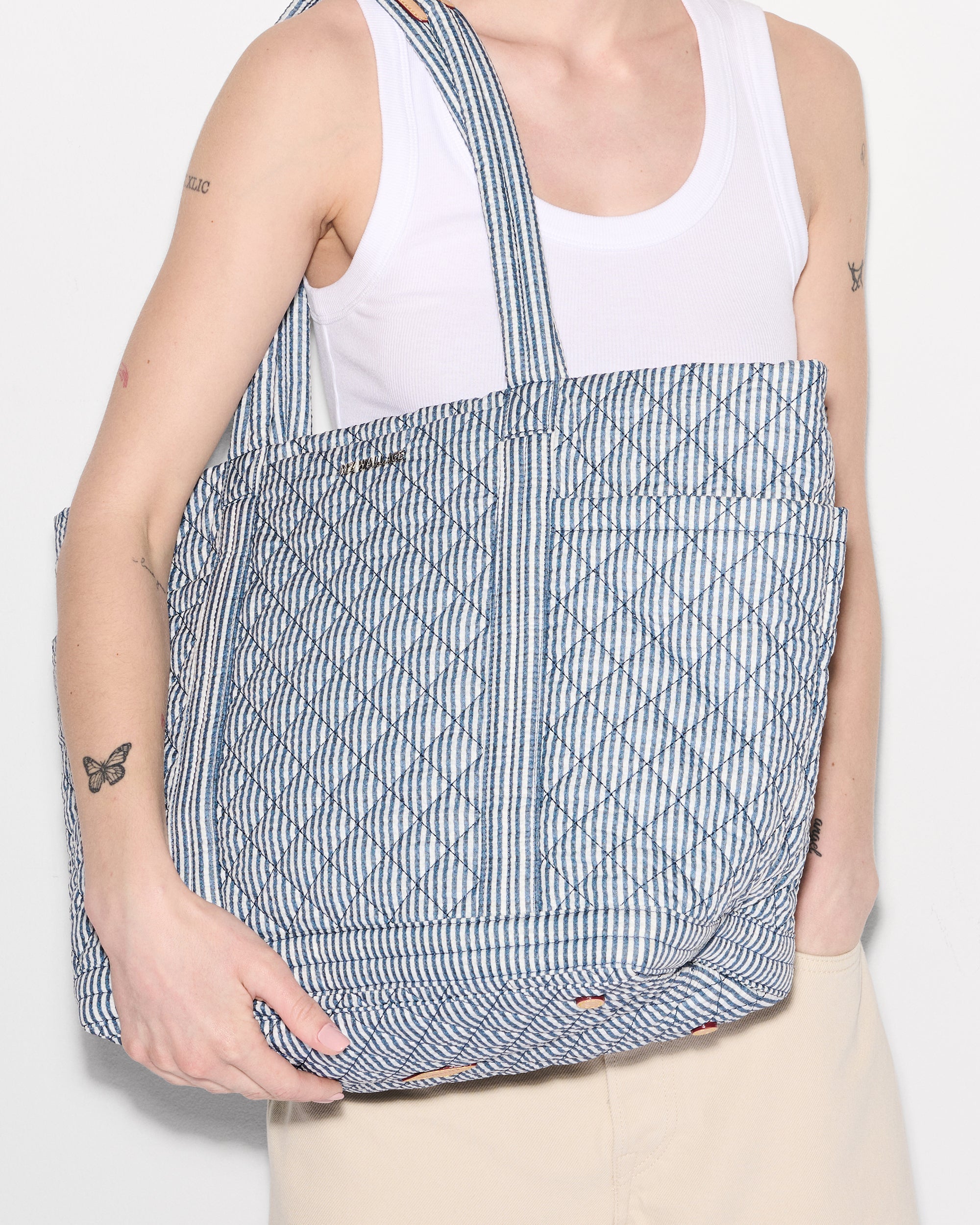MZ Wallace Seersucker Blue & White Large Empire Tote Bag - Luxury