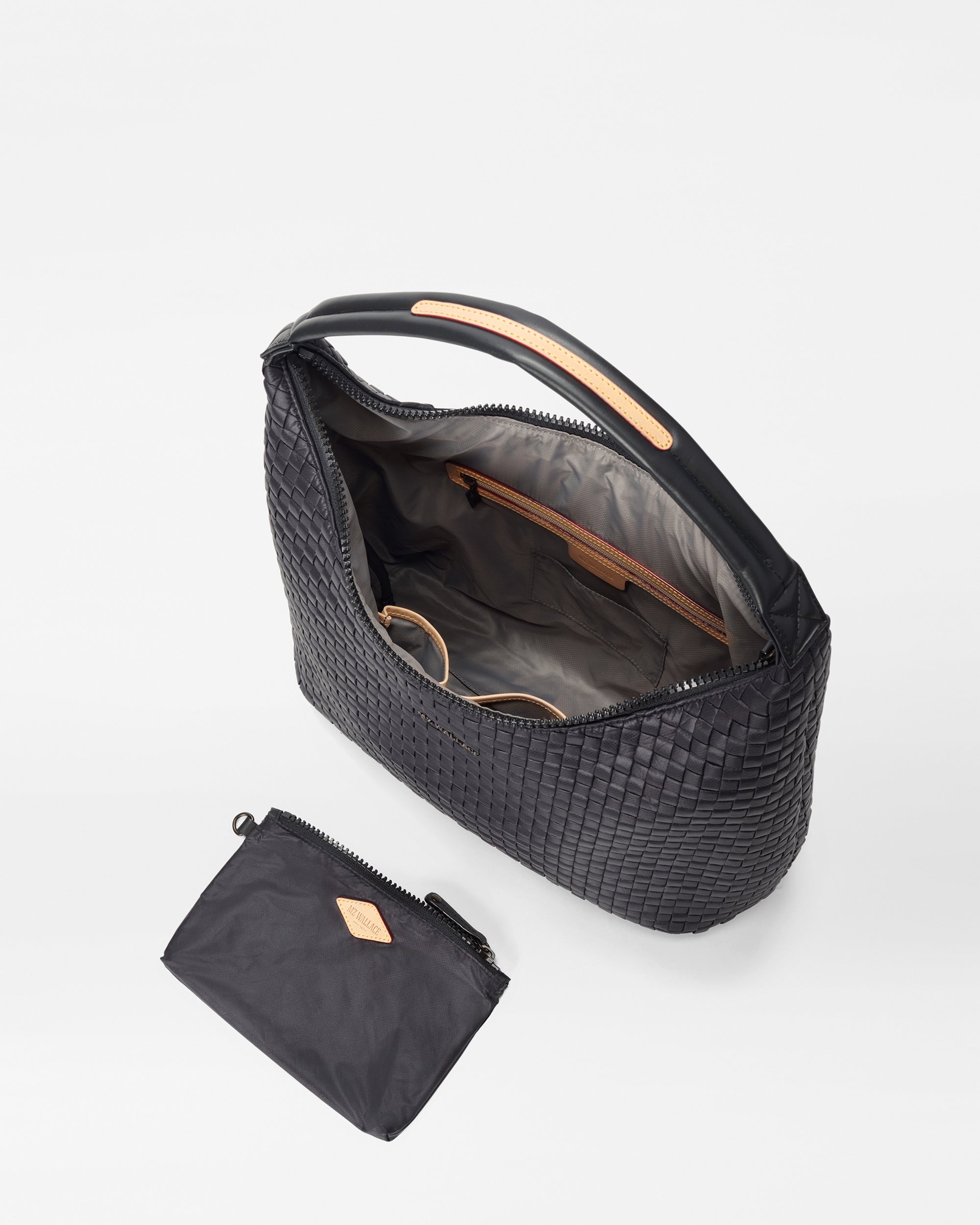 Open Large Black Woven Shoulder Bag with accessories