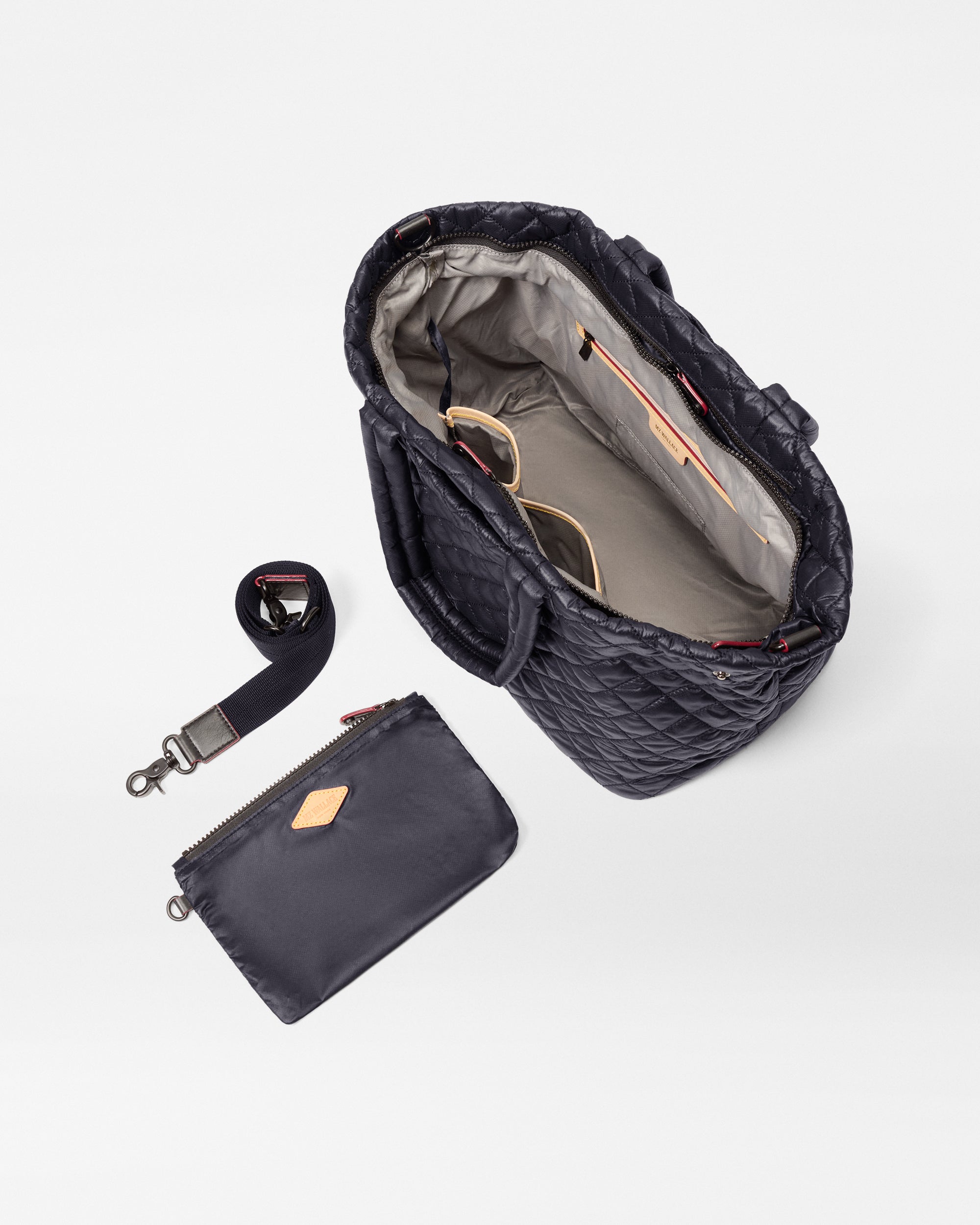 MZ Wallace Black Work Shoulder Bag open with accessories