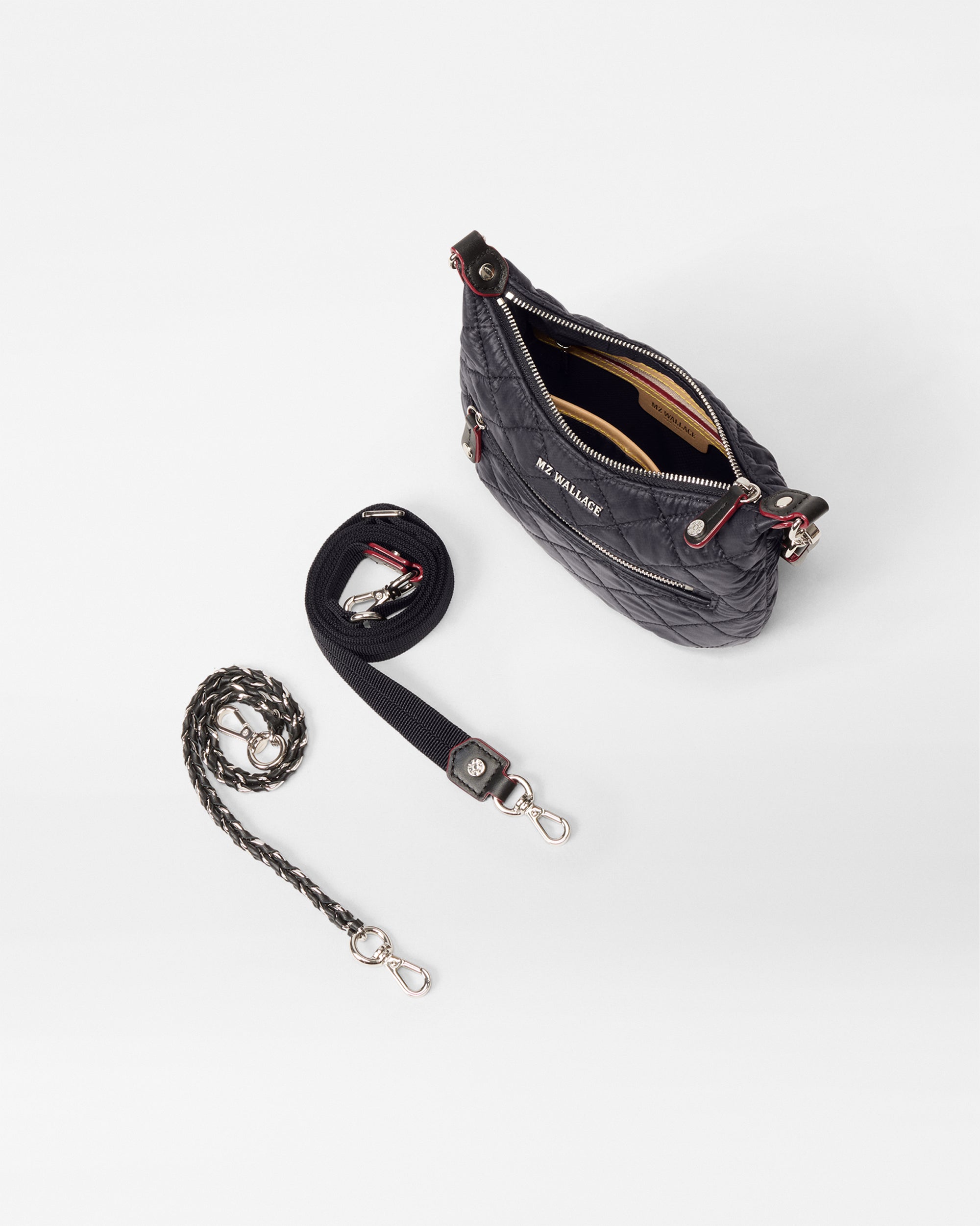 MZ Wallace Mini Black Purse opened with accessories