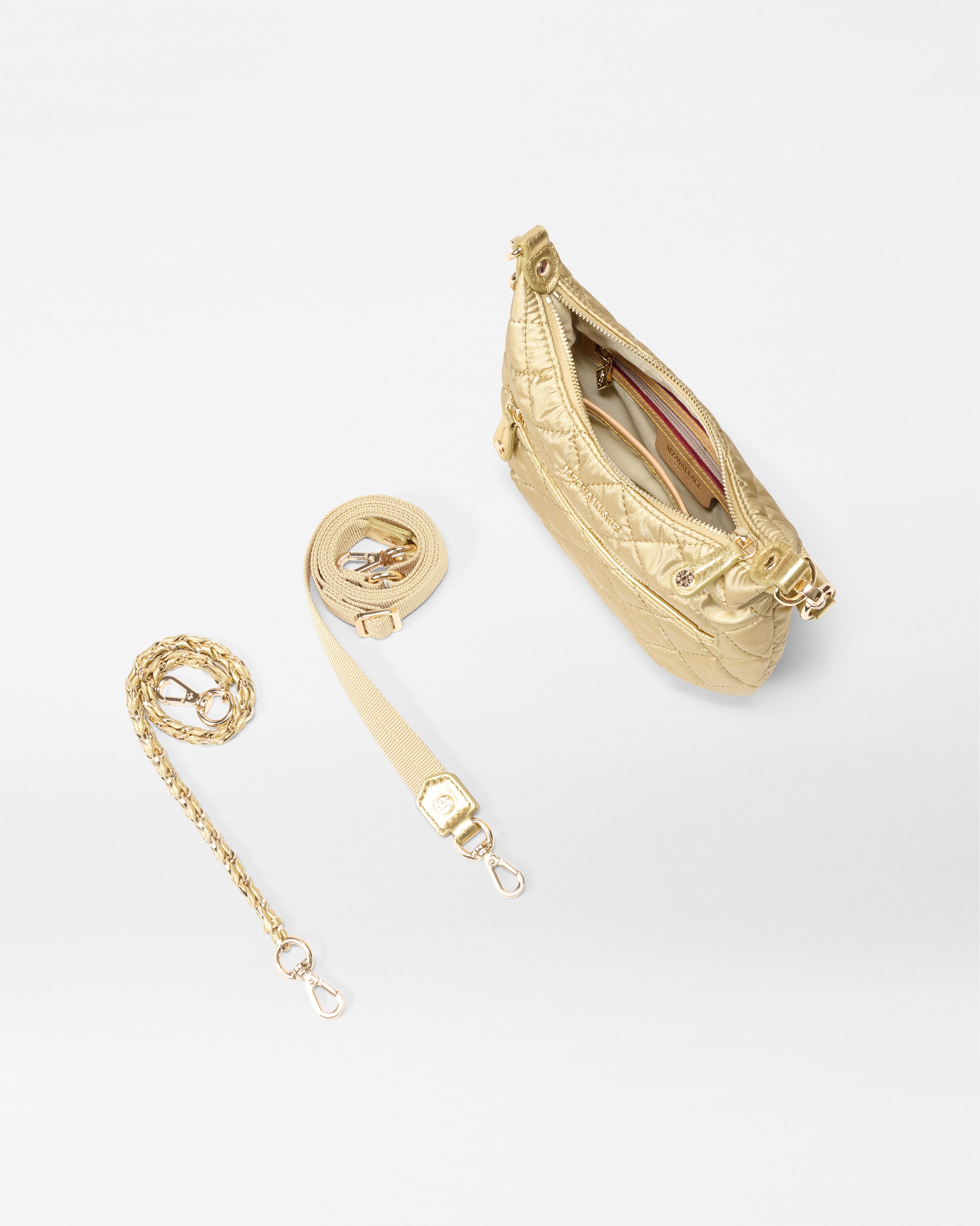 Inside view of MZ Wallace Gold Shoulder Purse with different straps