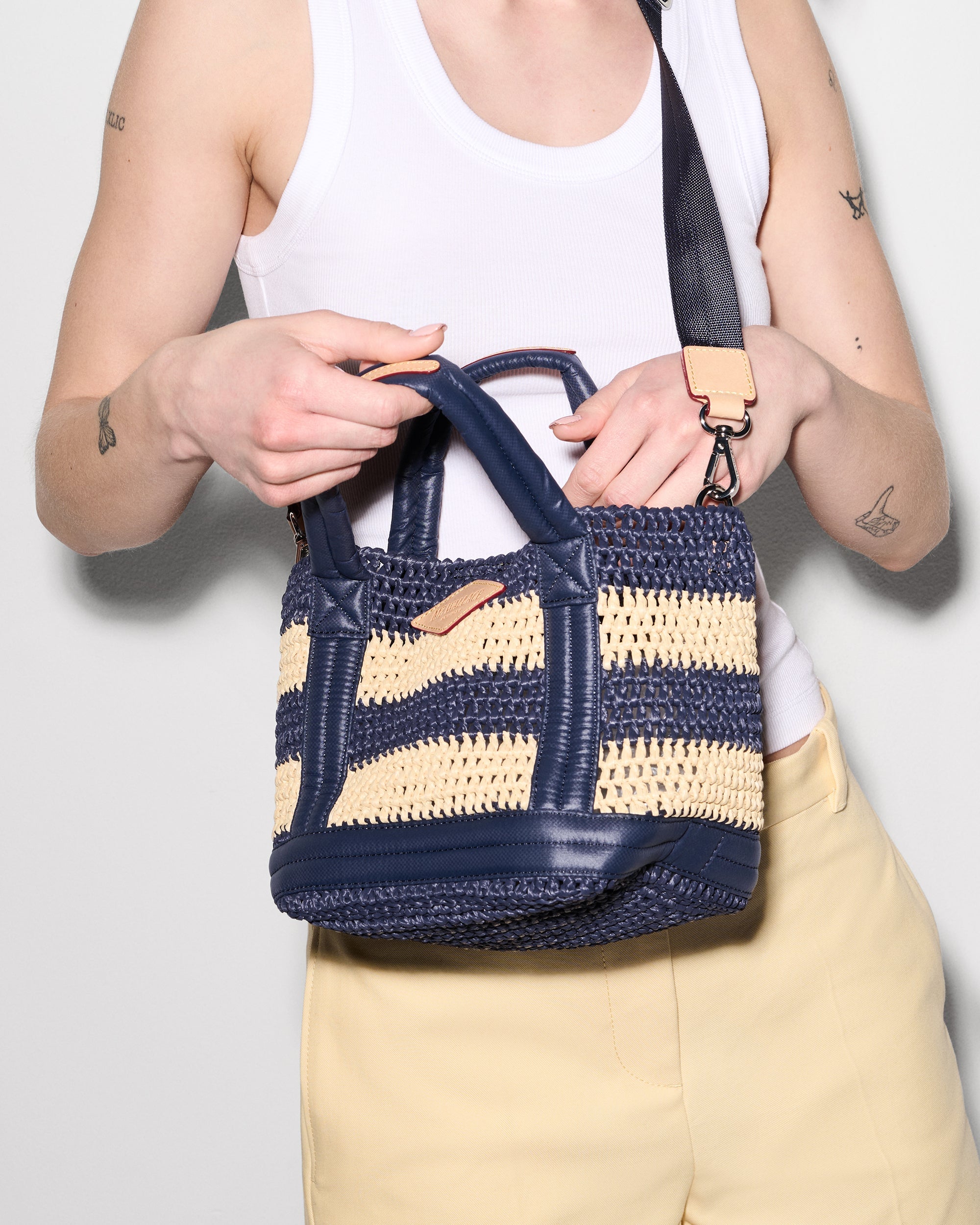 Navy/Natural Stripe Crochet Mini Crochet Tote