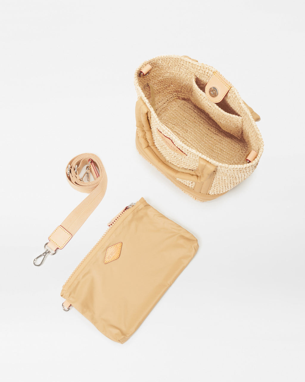 Inside view of MZ Wallace Small Crochet Tote Bag with accessories