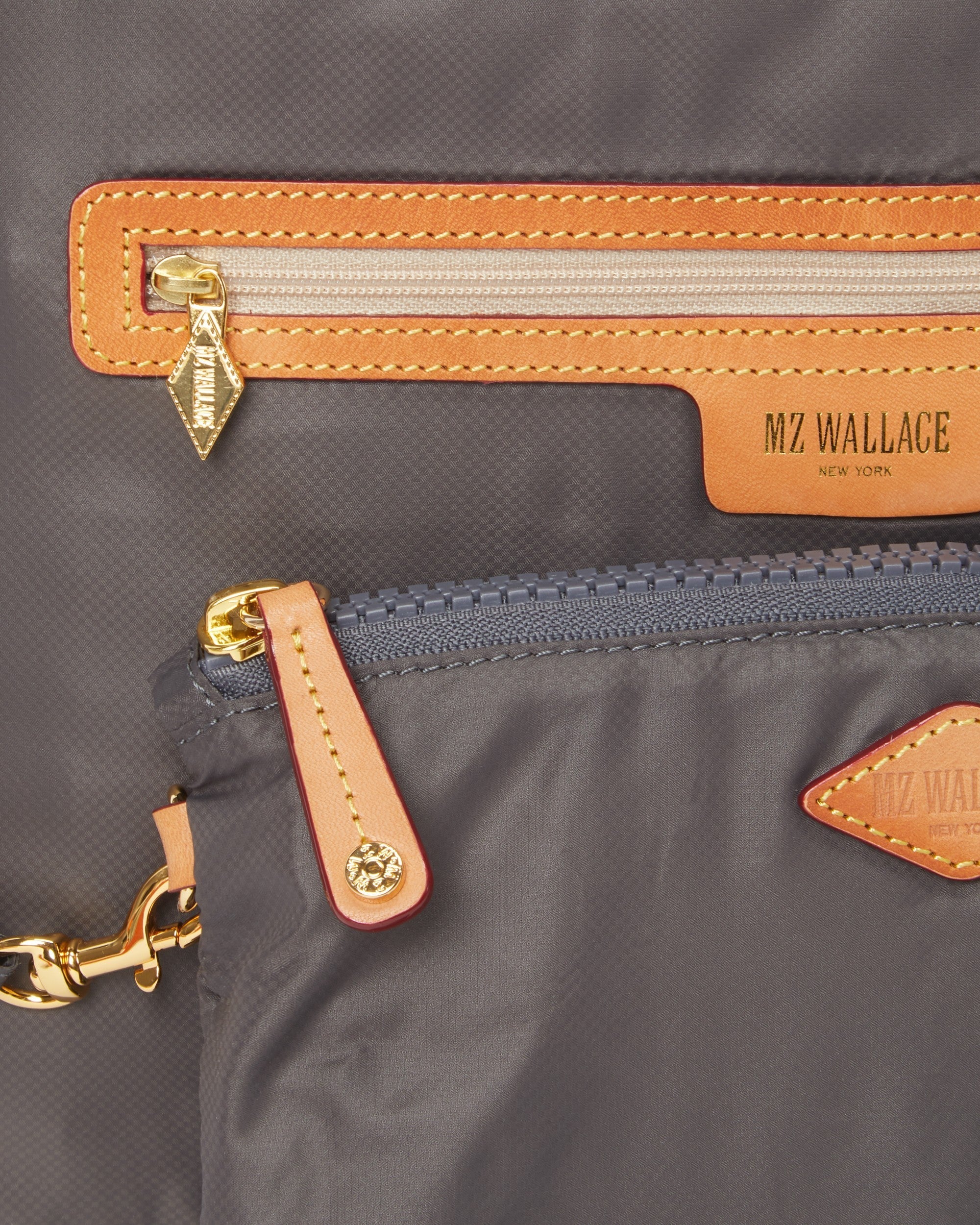 MZ Wallace Gray Duffle Bag for Travel zipper close up 